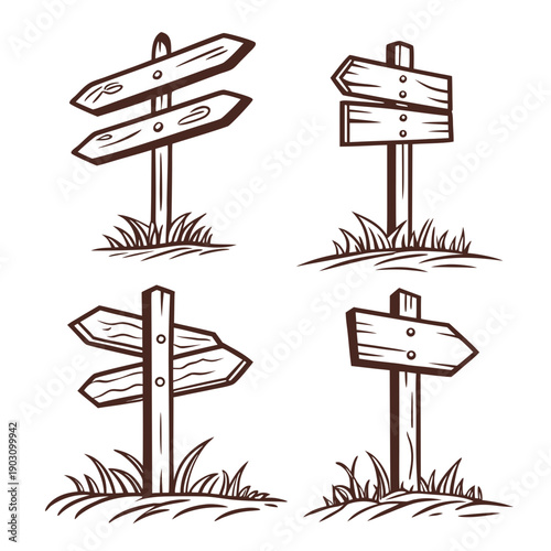 Four wooden signs pointing in different directions on a grassy field Vector