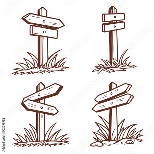 Four unique signs with distinct messages and designs on wooden posts. Vector