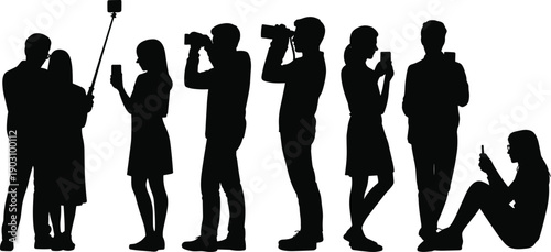 Silhouettes of individuals engaged with smartphones and cameras capturing moments and interacting with technology in a contemporary setting