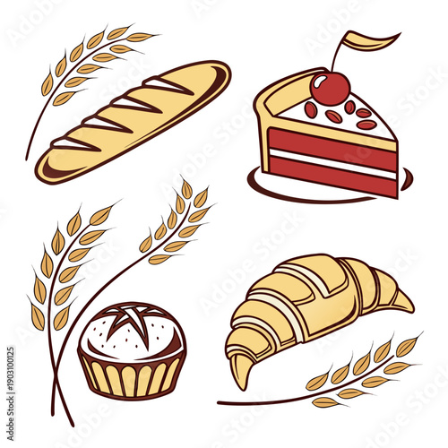 Assorted baked goods and ingredients arranged in a circular pattern Vector