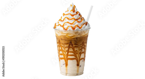 Canvastavla Iced caramel latte with whipped cream isolated PNG, refreshing coffee drink with
