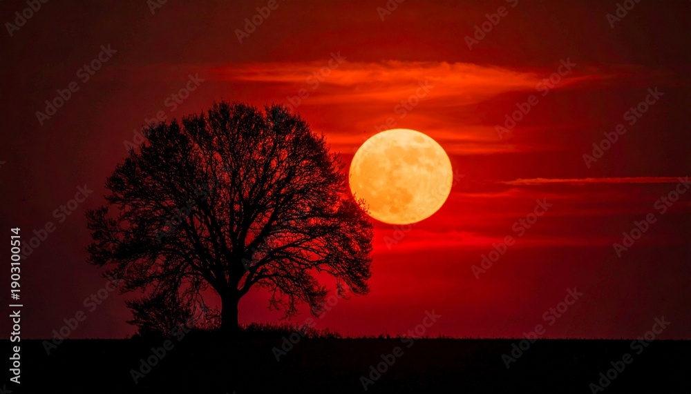 Fototapeta premium A captivating silhouette of a tree against a fiery sunset sky with the moon. The image exudes a sense of tranquility and the beauty of nature