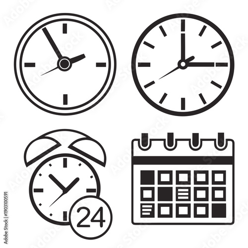A collection of clocks and a calendar showcasing different timekeeping methods Vector
