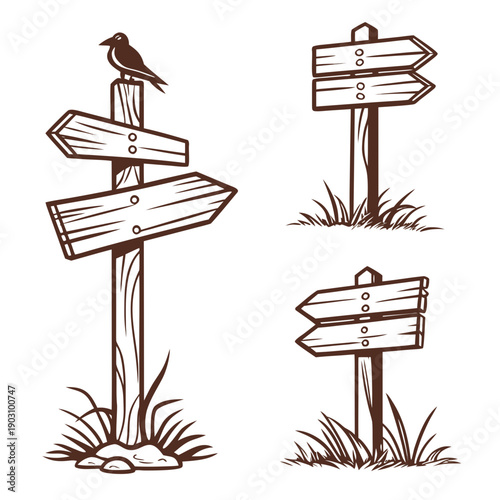 Illustration of a bird perched on a signpost with multiple directional signs Vector