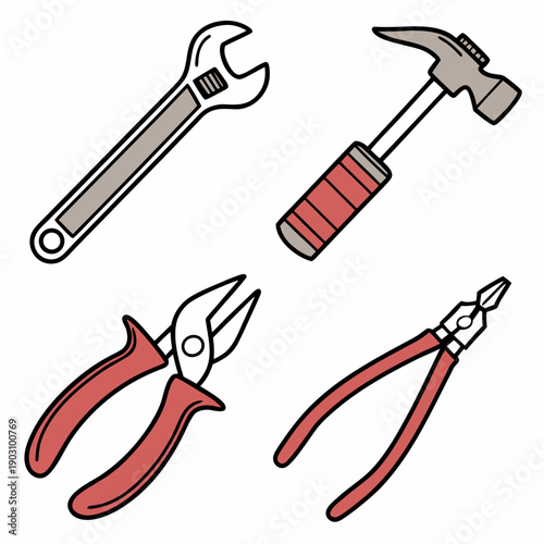 A collection of various tools including a wrench, hammer, pliers, and wire cutters Vector
