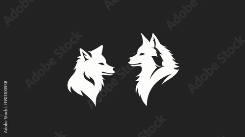 Two stylized white wolves facing each other on a dark background