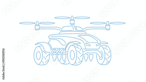 Futuristic Automated Agricultural Drone Tractor Hybrid Vehicle Line Art Illustration Concept