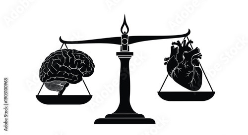 Balance scale weighing the human brain against the human heart symbolizes decision-making conflict