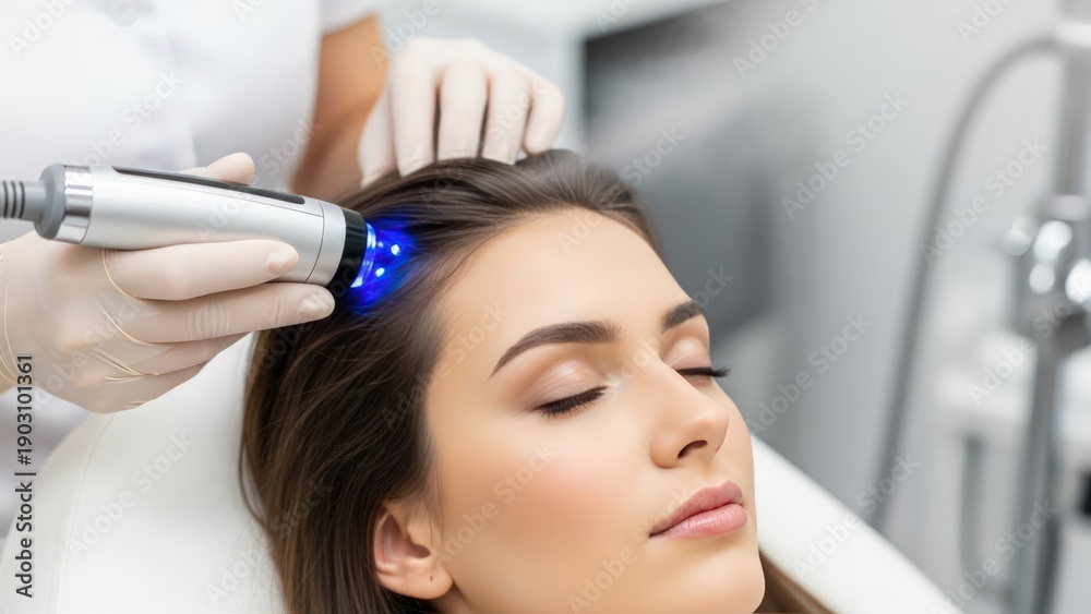 Naklejka premium Relaxed woman receives a cosmetic scalp treatment with a glowing blue light device in a clinic