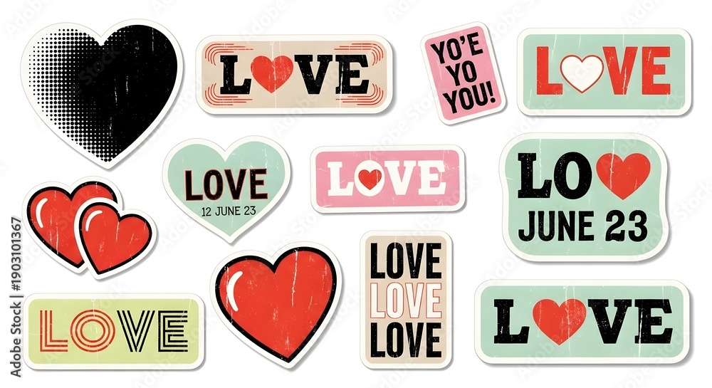 A set of colorful love stickers on a white background with various designs and fonts