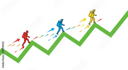 Business success journey: Colorful team climbing an upward growth graph line, propelled by momentum arrows, showing progress and achievement.