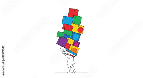 Workload Overload: Businesswoman Carrying Heavy, Precariously Stacked Colorful Blocks. Stress, Responsibility, and Task Management Burden Concept.