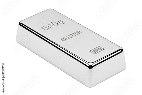 Silver bullion bar with engraved details isolated on transparent background