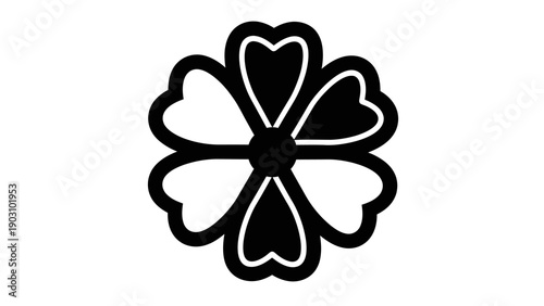 Black and white floral design with heart shaped petals on a white background