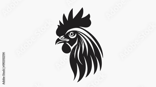 Stylized black rooster head silhouette on white background for design