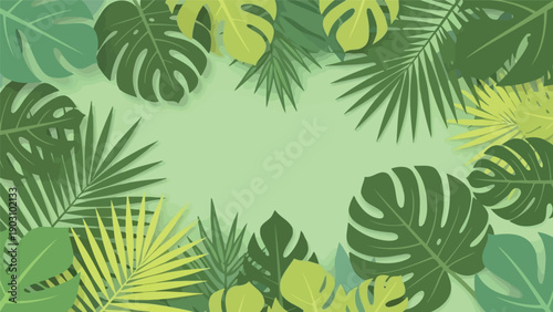 Tropical green background with various lush palm and monstera leaves arranged in a circular pattern.