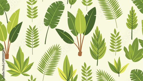 Vibrant green tropical leaf pattern on a pale yellow background with various shapes and sizes of leaves in a flat lay composition.