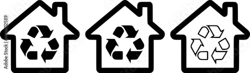 Three Houses with Recycling Symbols Inside, Representing Eco-Friendly Living