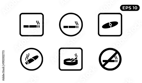 Smoking concept icon set vector with cigarette and cigar badge symbols for warning signage and infographics isolated on white EPS 10