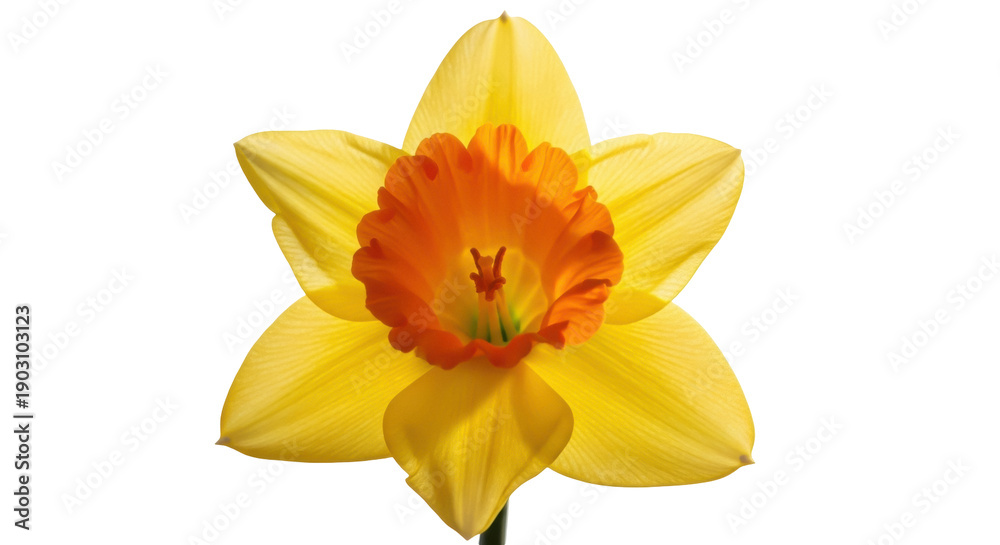 Obraz premium Vibrant yellow daffodil flower isolated PNG on transparent background, spring blossom cutout for graphic design and botanical projects
