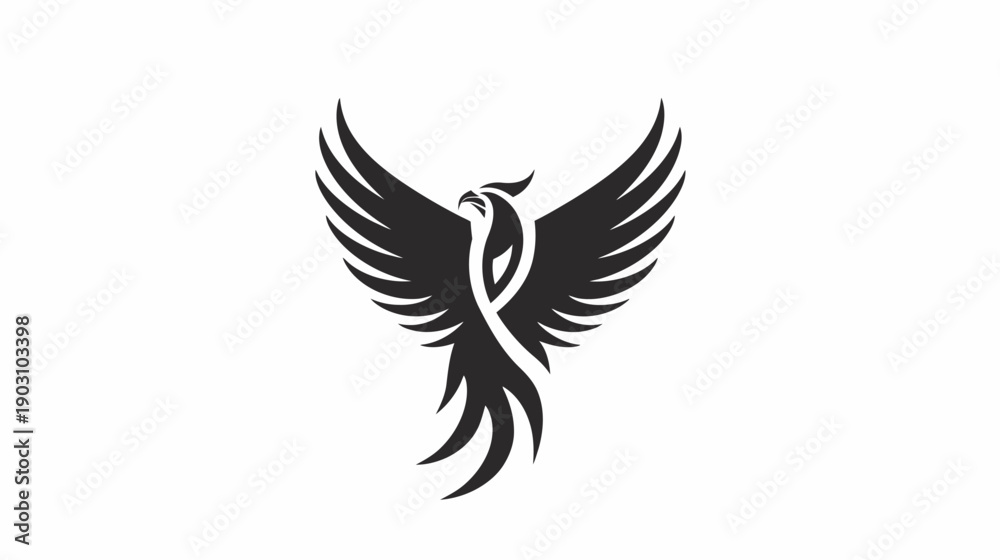 Fototapeta premium Black phoenix symbol with open wings isolated on white background
