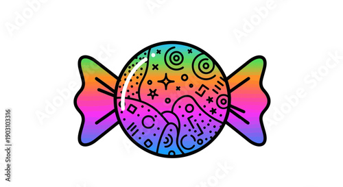 Vibrant rainbow wrapped candy with playful abstract patterns on a white background illustration