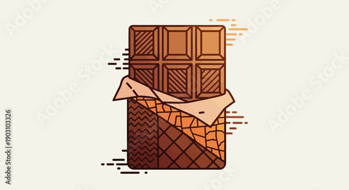 Delicious brown chocolate bar partially unwrapped with a geometric modern design minimal art style