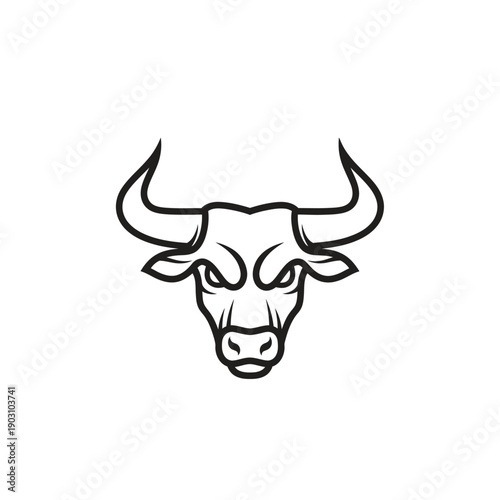 Fierce black outline of a bull's head with curved horns and intense eyes