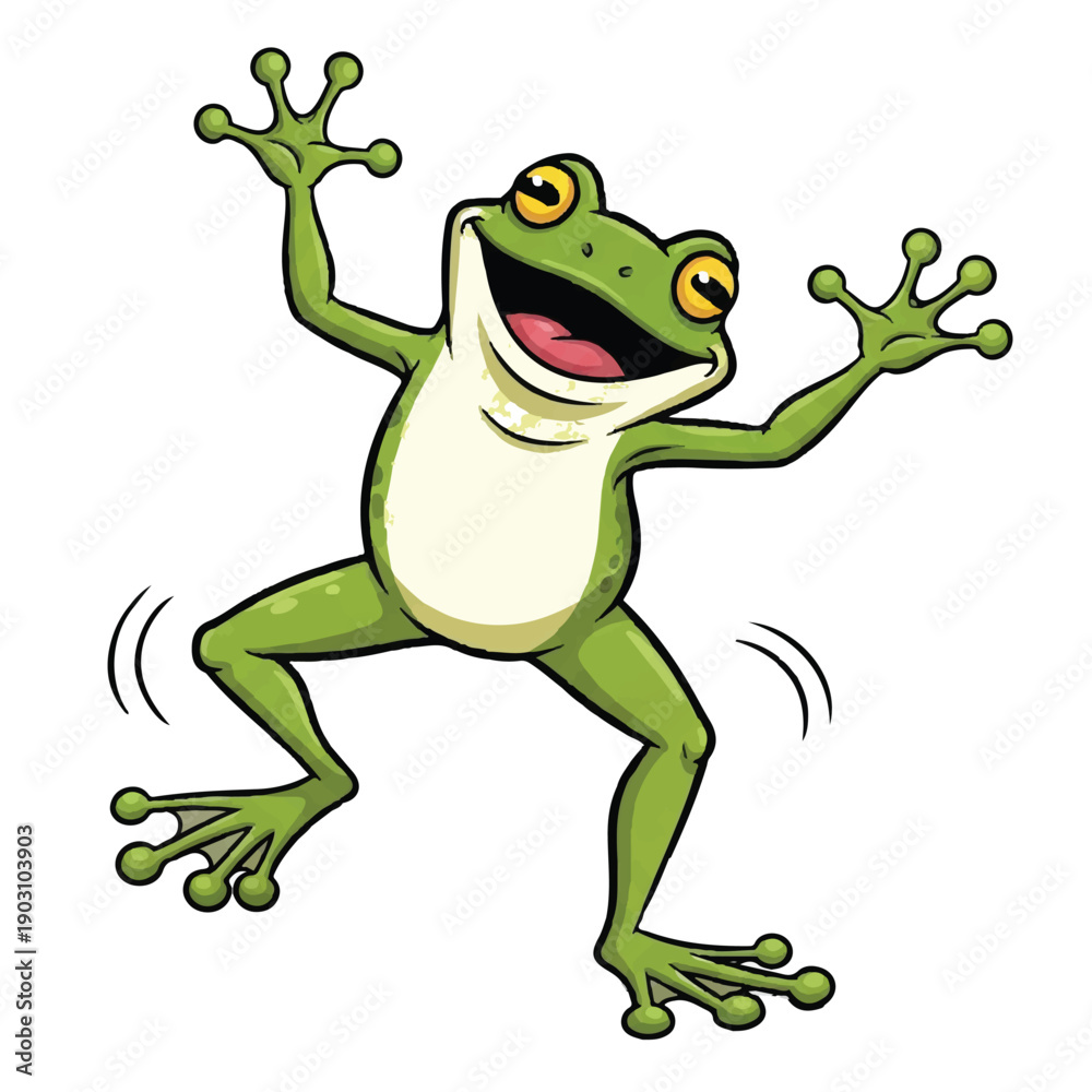 Fototapeta premium Funny green cartoon frog sitting and smiling on white background