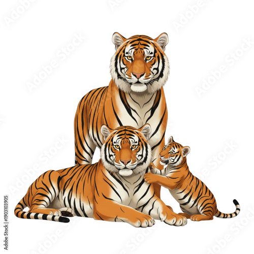 Royal Bengal tiger family with mother father and cubs realistic wildlife vector illustration isolated on white background