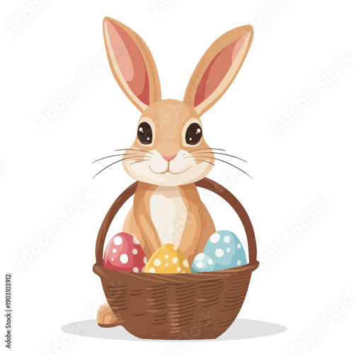 Cute Easter bunny sitting behind a wicker basket with colorful eggs. Vector cartoon illustration isolated on white for holiday designs.