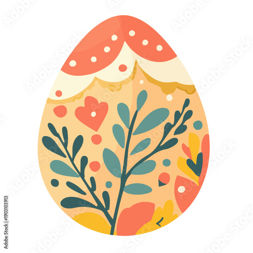 Ornate Easter egg with floral folk art patterns, leaves, and flowers. Decorative vector illustration isolated on white for holiday designs.