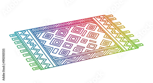 Vibrant geometric tribal rug with rainbow gradient outline unique ethnic pattern illustration