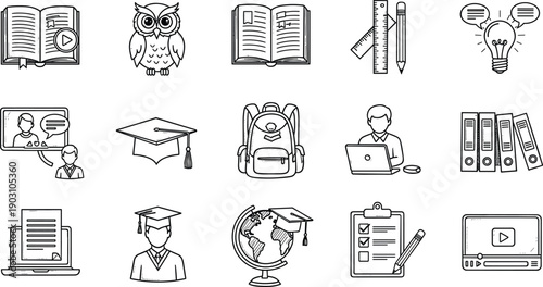 Hand drawn education icons, vector school symbols, book, owl, laptop, graduation, cap, backpack, student, online, learning, binder, idea, globe, video.