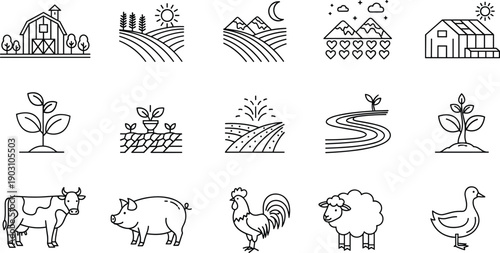 Hand drawn farm icons, vector agriculture symbols, barn, field, cow, pig, chicken, sheep, duck, greenhouse, plant, nature, harvest, organic, rural.