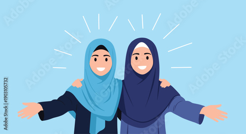 Two smiling Muslim women wearing hijabs share a warm embrace with their arms open wide against a clear blue sky background.