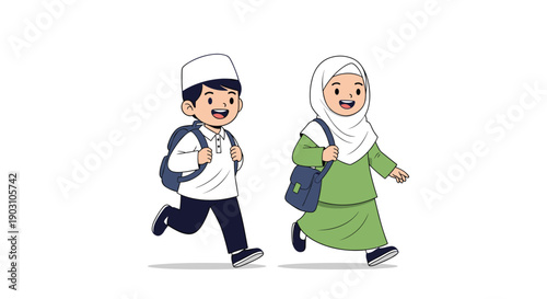 Energetic Muslim boy and girl carrying school bags and wearing uniforms run excitedly towards their school on a plain white background.