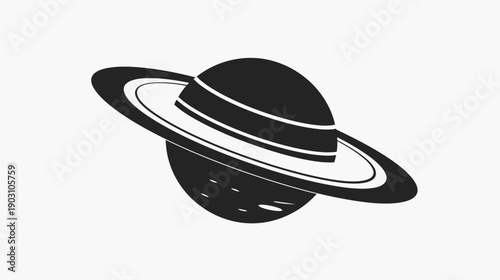 Black and white graphic of a planet with rings isolated on white background