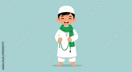 Happy young Muslim boy wearing a white robe and green scarf stands smiling while holding a string of prayer beads on a blue background.