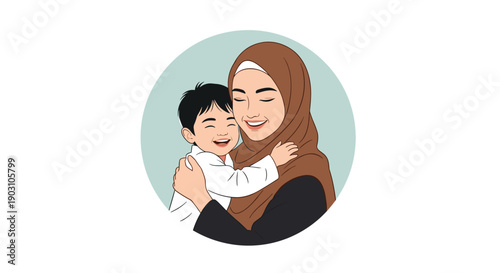 Loving Muslim mother wearing a brown hijab embraces her young son within a circular frame illustrating maternal love and care.