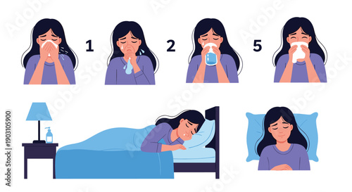Sequence of illustrations showing a young woman suffering from a cold or flu symptoms including sneezing, runny nose, and resting in bed.