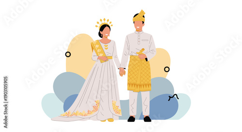 Elegant Malay couple in traditional white and yellow wedding attire holding hands against a modern abstract pastel shape background.