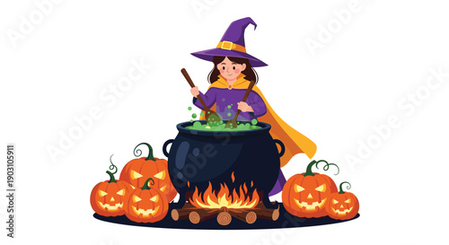 Cute little witch with a pointed hat and cape stirs a green bubbling potion in a large black cauldron surrounded by spooky pumpkins.