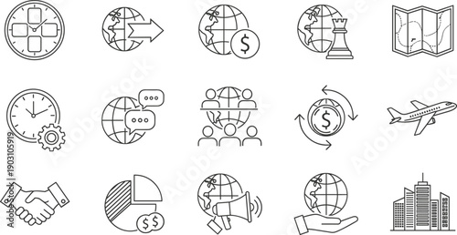 Hand drawn global business icons, vector world symbols, earth, money, map, time, strategy, network, travel, chart, city, handshake, finance, communication, trade.