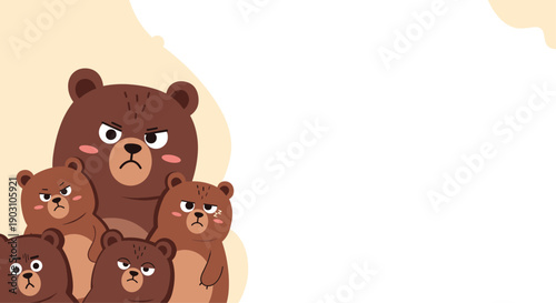 Group of five brown bear characters with different angry and grumpy facial expressions gathered together against a light background.
