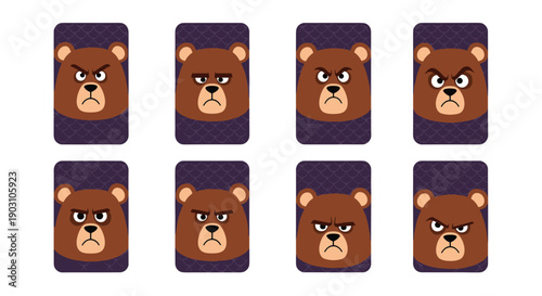 Collection of eight rectangular cards each featuring a brown bear face with a different grumpy or suspicious facial expression.