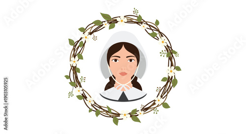 Portrait of a woman dressed in a colonial pilgrim outfit with a white bonnet framed by a rustic wooden branch and flower wreath.