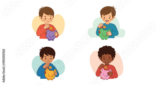 Diverse group of four young boys happily putting gold coins into colorful chicken-shaped piggy banks to learn about saving money.
