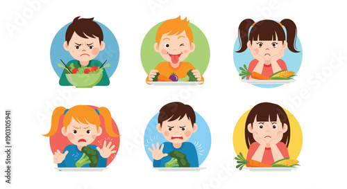 Collection of six young children showing various negative and funny reactions like disgust and boredom while trying to eat vegetables.