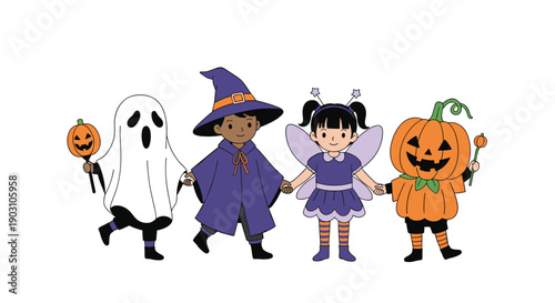 Four children dressed as a ghost, wizard, fairy, and pumpkin monster hold hands while walking together on a Halloween night out.